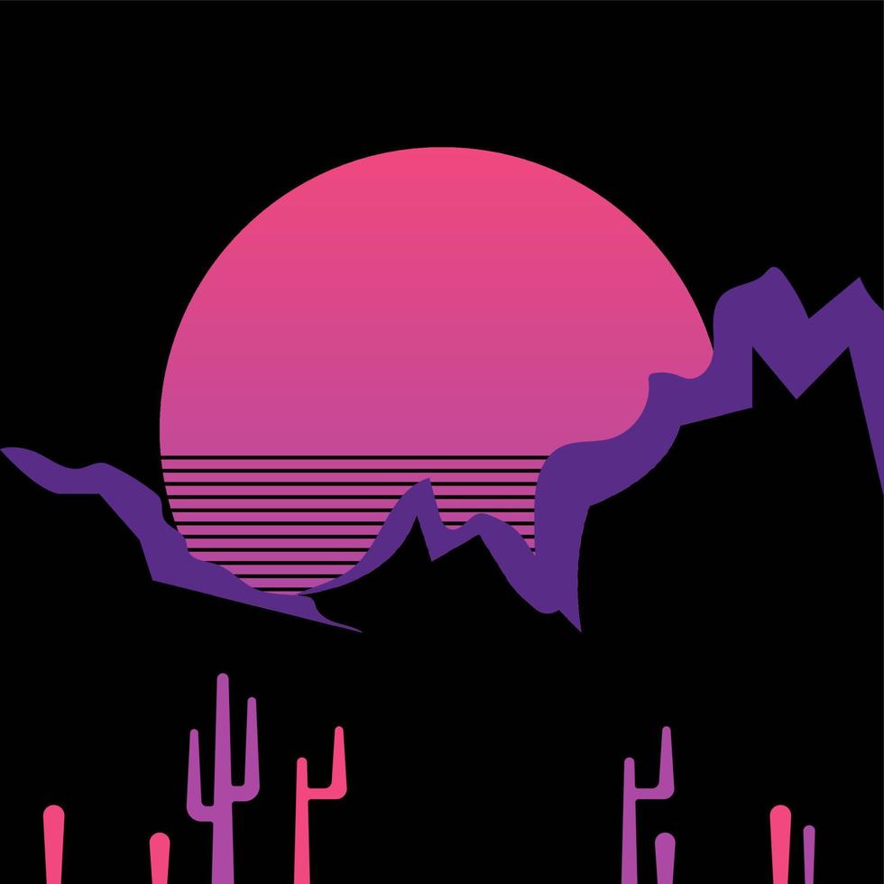 plat abstrait icône, autocollant, bouton avec silhouette de montagnes, soleil, cactus dans néon violet rose couleurs vecteur