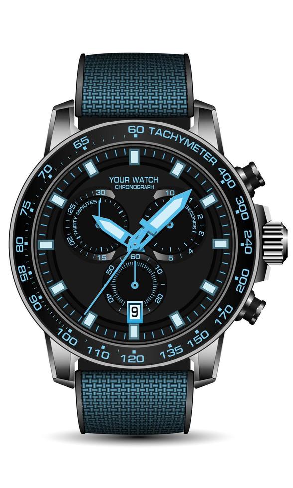 réaliste noir acier regarder chronographe bleu nombre visage en tissu sangle sur blanc Contexte conception moderne luxe pour Hommes mode vecteur