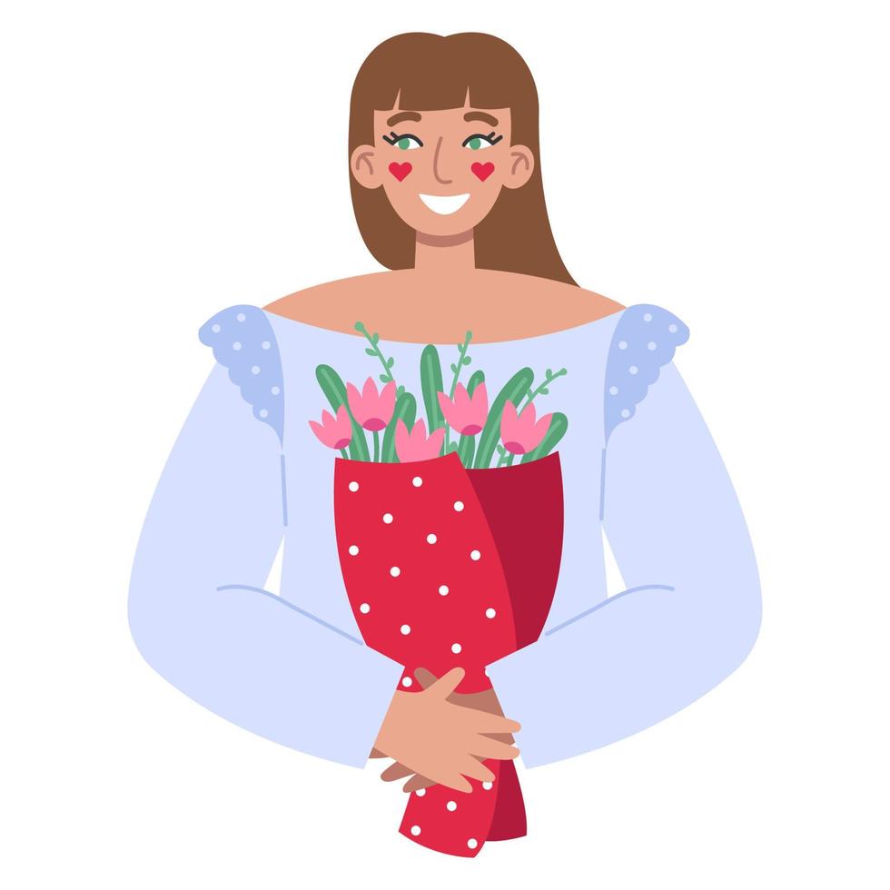 Jeune femme avec une bouquet de fleurs. la Saint-Valentin journée ou international aux femmes journée concept. vecteur