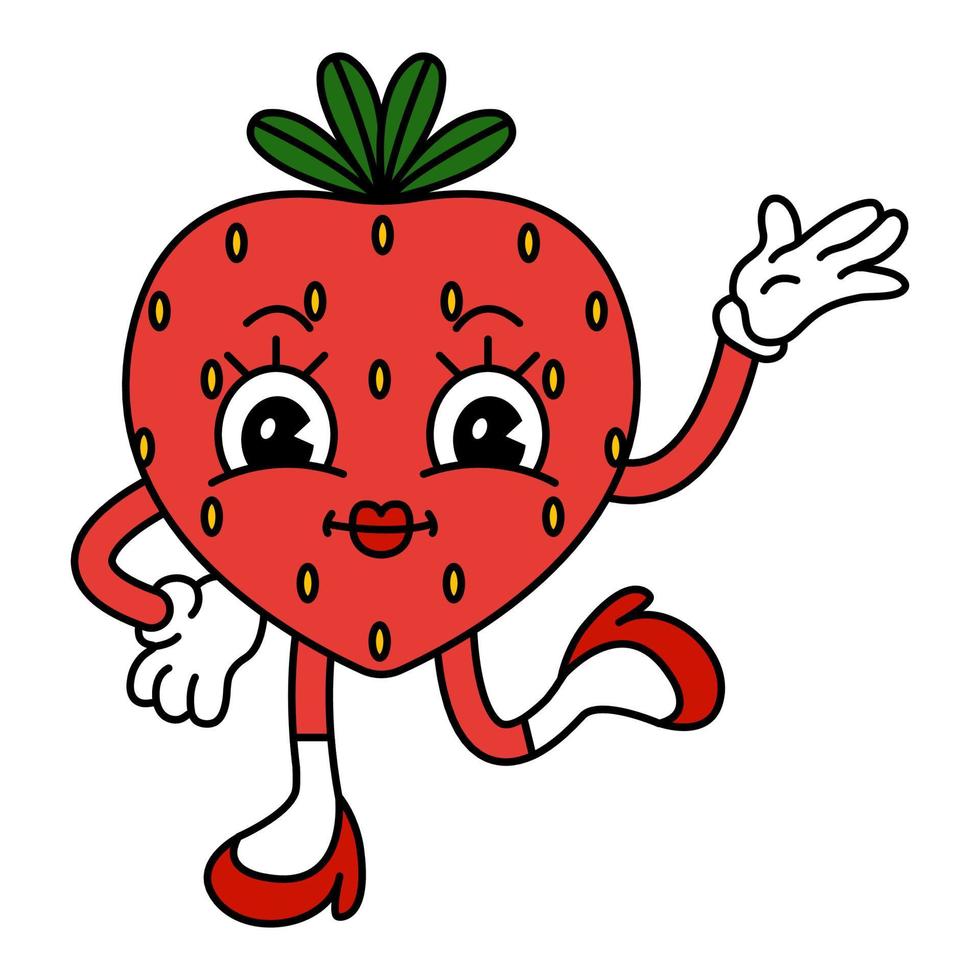 marrant fruit personnage dans branché rétro dessin animé style. vecteur illustration de fraise isolé sur blanc Contexte.