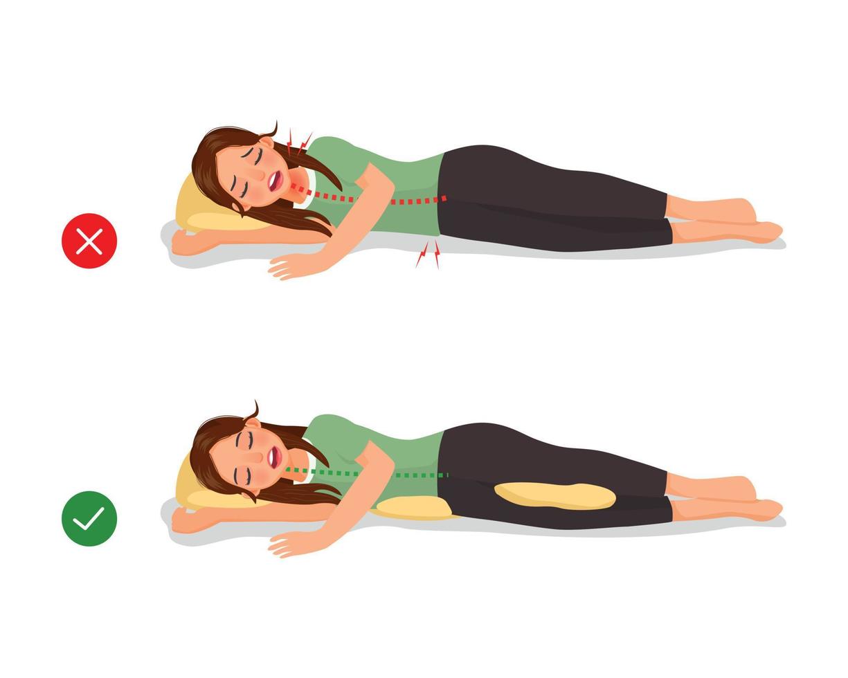 Incorrect et correct cou, colonne vertébrale et le genou alignement de Jeune femme en train de dormir corps posture vecteur