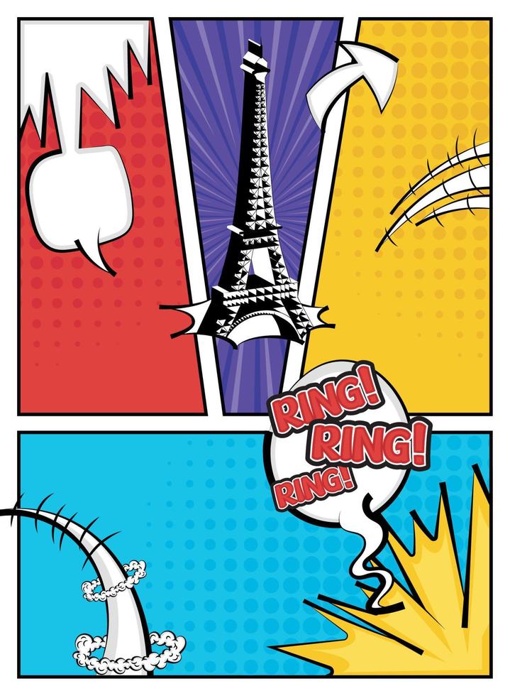 coloré bande dessinée page avec Eiffel la tour et discours bulles vecteur