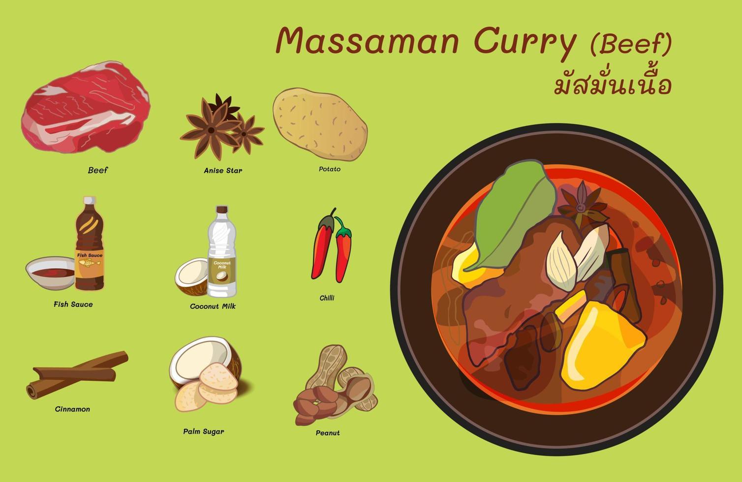 massaman thaïlandais curry avec bœuf. il a une sucré et salé goût. le Signature de le plat est le arôme produit de épices et herbes comme coriandre graines, cumin, clous de girofle et cannelle. vecteur