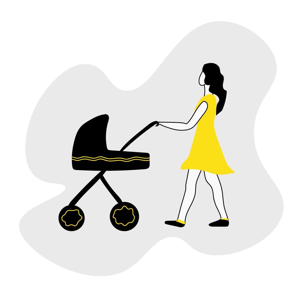 maman avec une poussette pour une marcher, illustration dans noir et Jaune couleurs à propos maternité vecteur