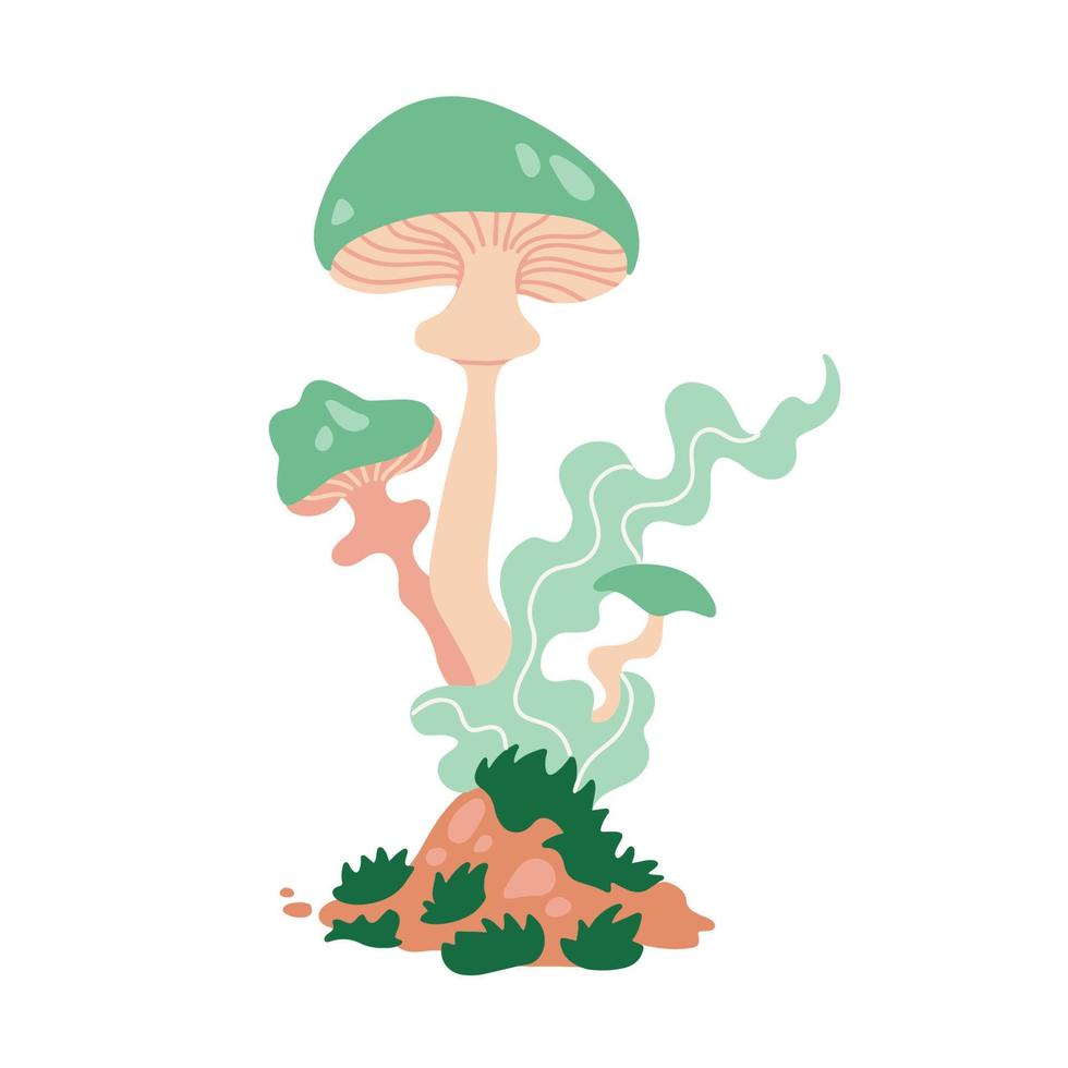 pastel vert la magie champignons avec fumée isolé sur une blanc Contexte. psychédélique champignon impression . plat main tiré vecteur illustration.