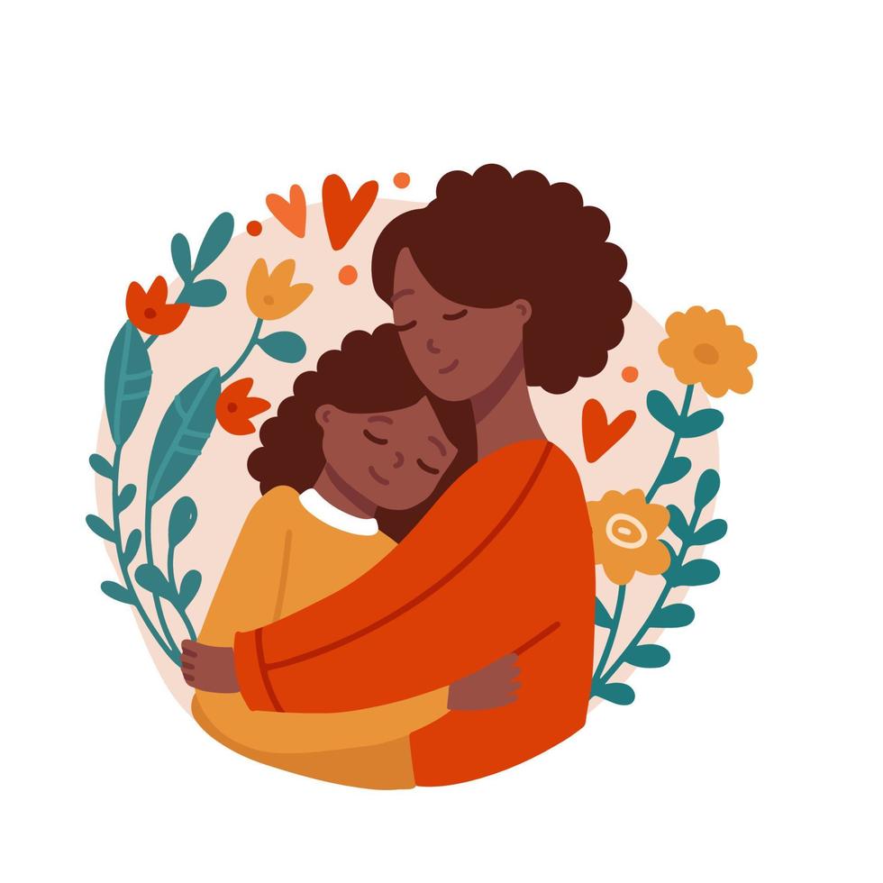 de la mère journée. afro américain femme avec fille enfant, fleurs, brindilles, cœurs autour. mère en portant sa fille. maternité, maternité partir, bébé se soucier, content famille, Célibataire mère concept. plat vecteur