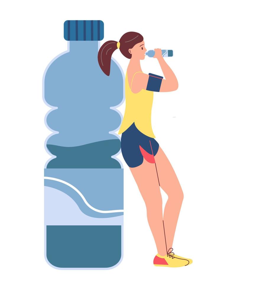 une fille dans sport vêtements les boissons l'eau de une bouteille. vecteur