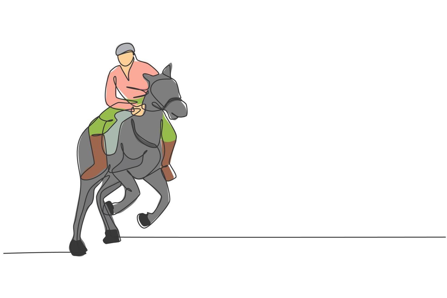 une ligne continue dessinant un jeune cavalier en action pour courir. formation équine à la piste de course. concept de compétition de sport équestre. illustration vectorielle graphique de conception de dessin à une seule ligne dynamique vecteur