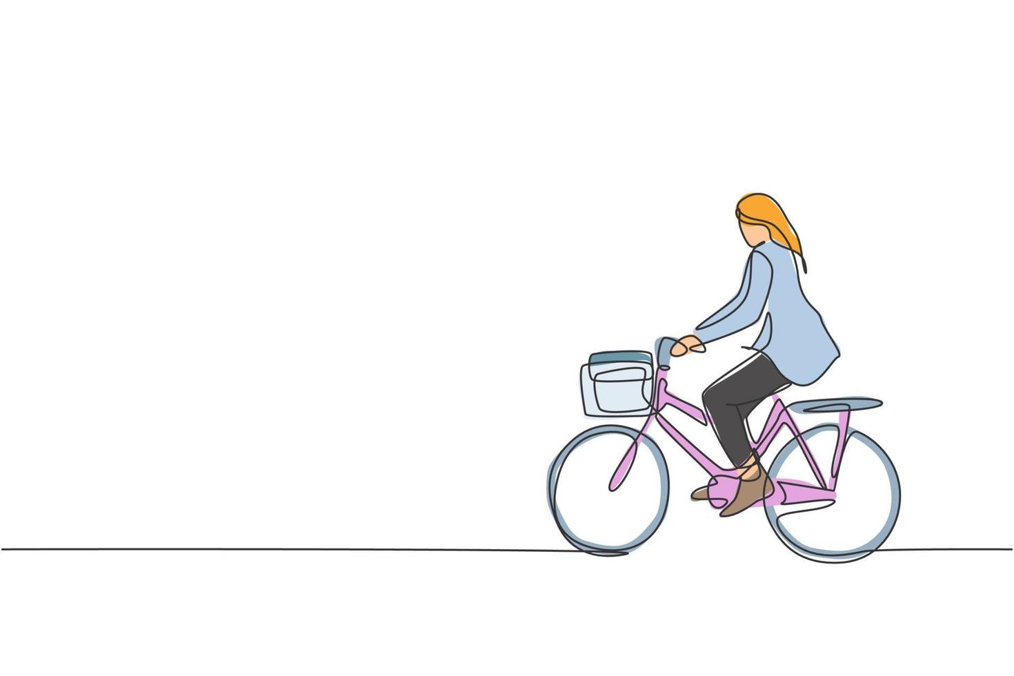 dessin en ligne continue d'une jeune femme d'affaires professionnelle faisant du vélo dans son entreprise. vélo au travail, concept de transport écologique. illustration vectorielle de conception de dessin à une ligne à la mode vecteur
