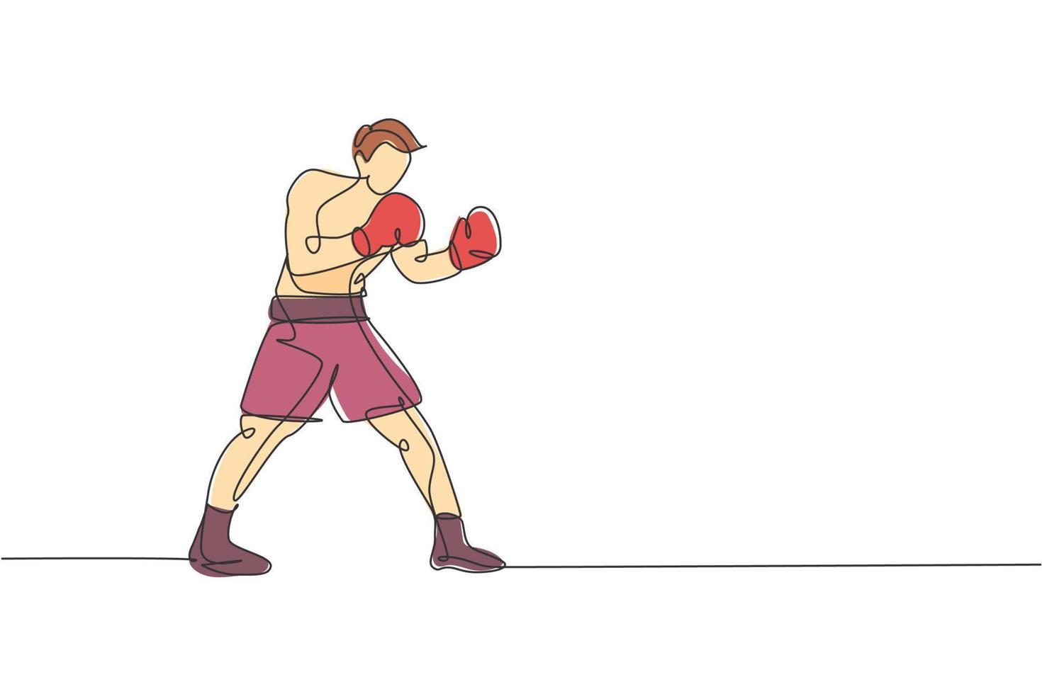 dessin en ligne continue unique de la confiance en la position du jeune boxeur agile à la salle de sport. concept de sport de combat équitable. illustration vectorielle à la mode d'une ligne de dessin pour les médias de promotion de jeux de boxe vecteur