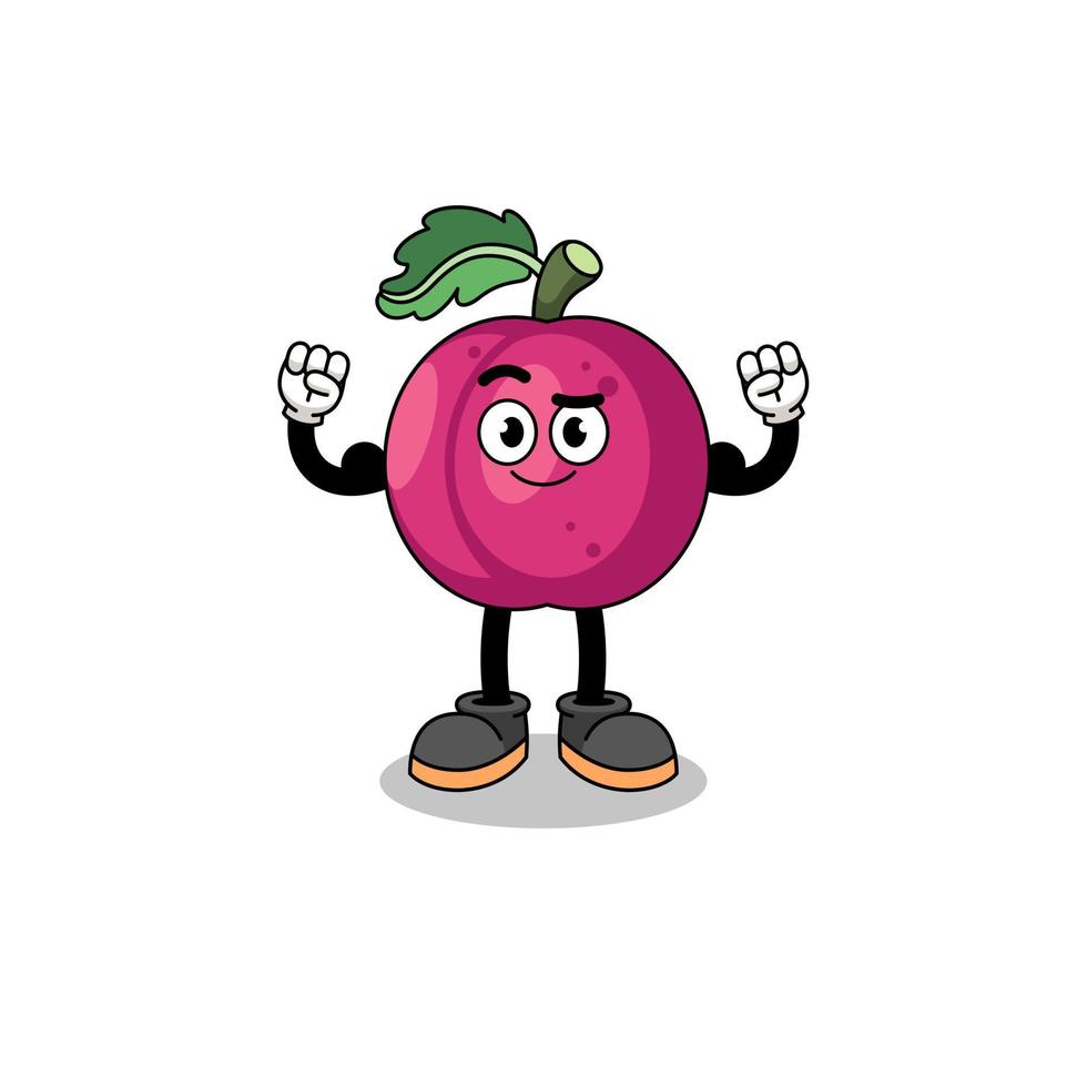 mascotte dessin animé de prune fruit posant avec muscle vecteur