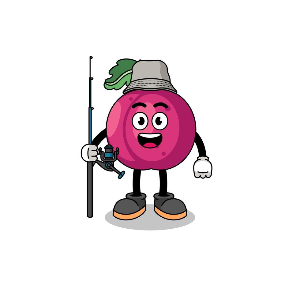 mascotte illustration de prune fruit pêcheur vecteur