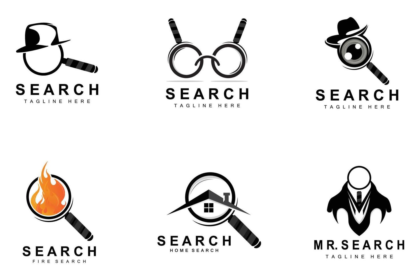 création de logo de recherche, illustration de détective, recherche de domicile, lentille en verre, vecteur de marque d'entreprise