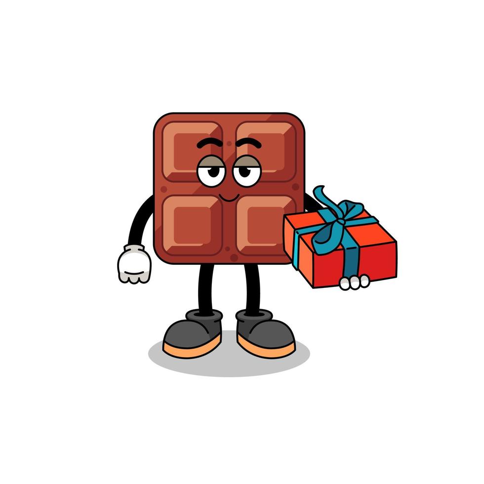 Chocolat bar mascotte illustration donnant une cadeau vecteur