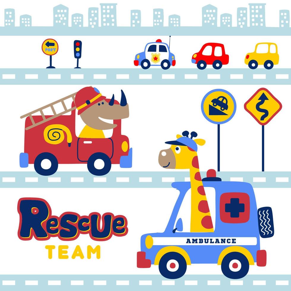 ville circulation éléments avec rhinocéros sur Feu camion, girafe sur ambulance, vecteur dessin animé illustration