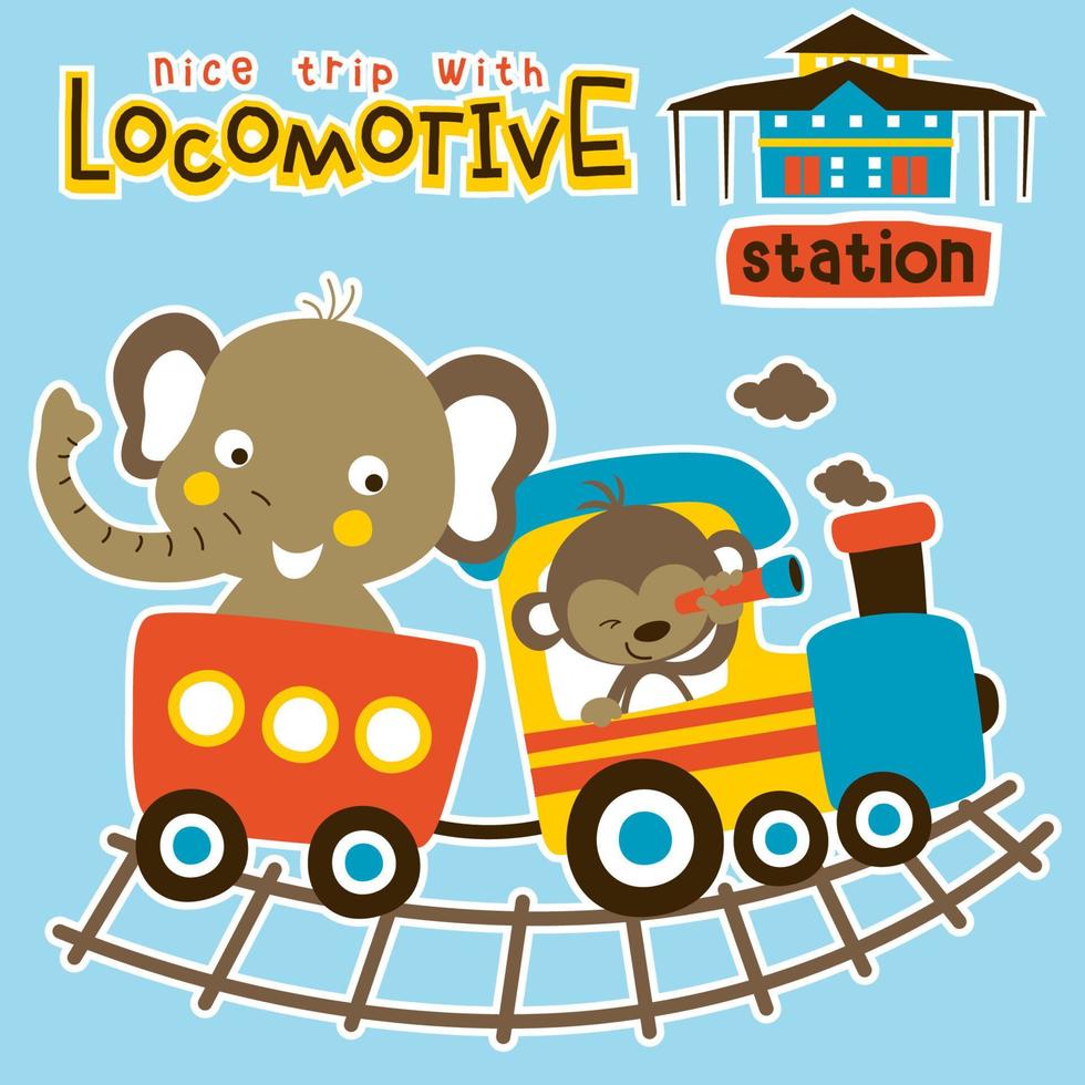 marrant l'éléphant et singe sur vapeur train avec train gare, vecteur dessin animé illustration