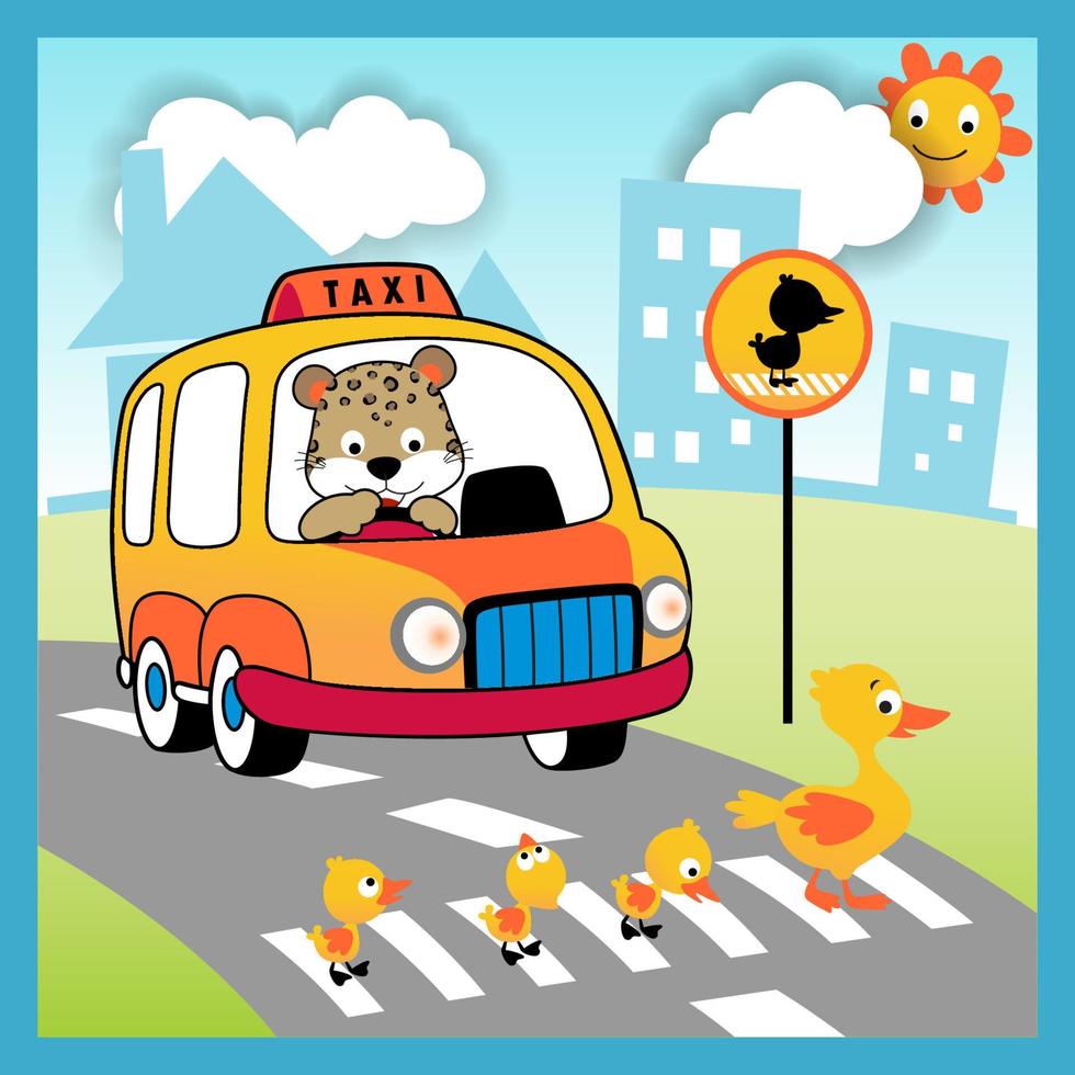 mignonne léopard sur voiture, canard famille traversée route dans ville, vecteur dessin animé illustration