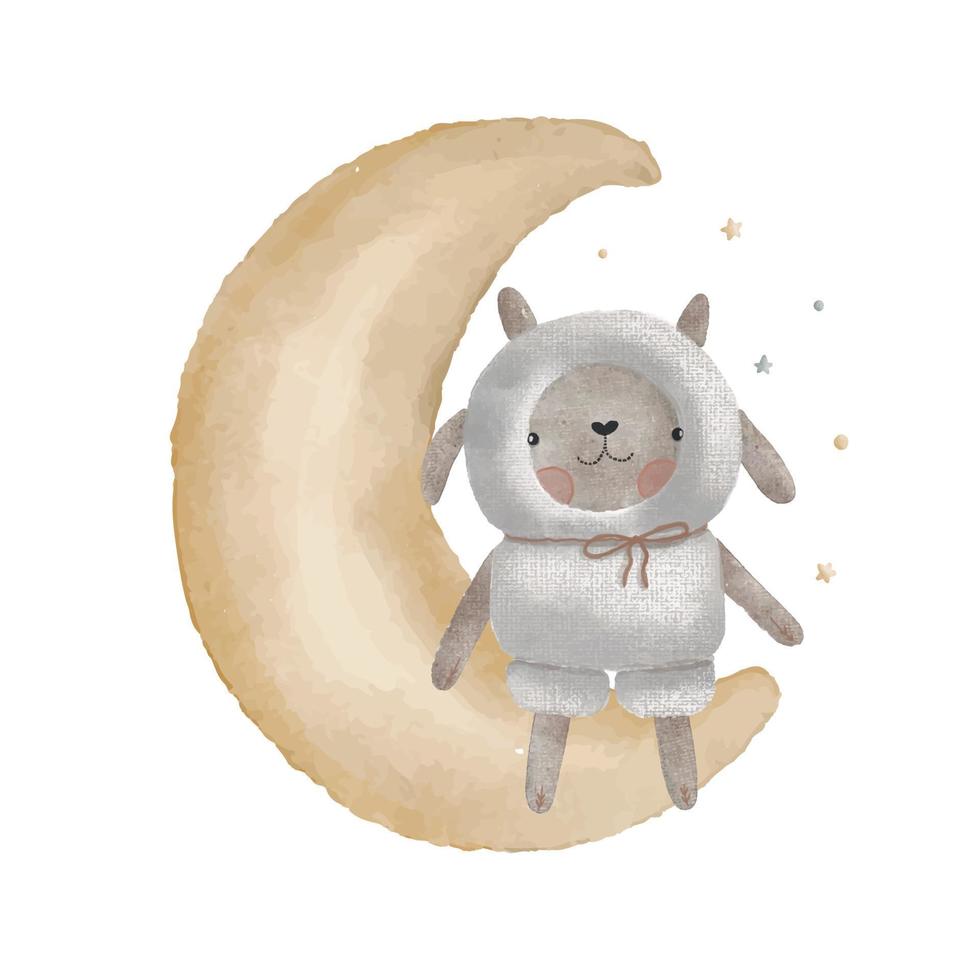 mignonne peluche jouet sur le lune avec peu étoiles, aquarelle vecteur illustration.