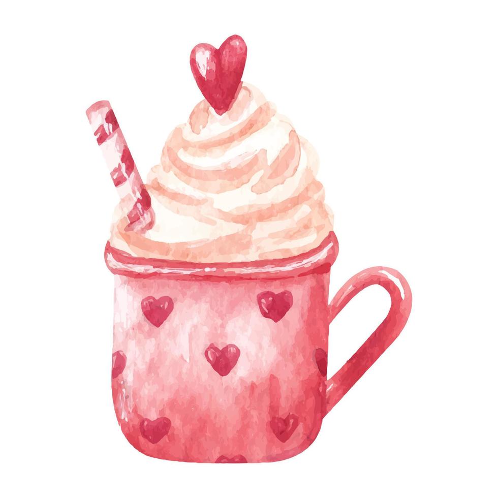 main tiré aquarelle tasse avec fouetté crème et paille. illustration de agresser avec café, cacao, chaud les boissons avec cœur, symbole de romance, l'amour pour cartes, autocollants, logo, invitations. vecteur