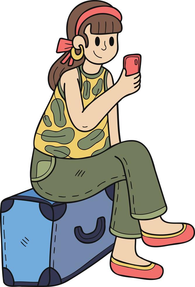 main tiré femelle touristique avec valise et téléphone intelligent illustration dans griffonnage style vecteur
