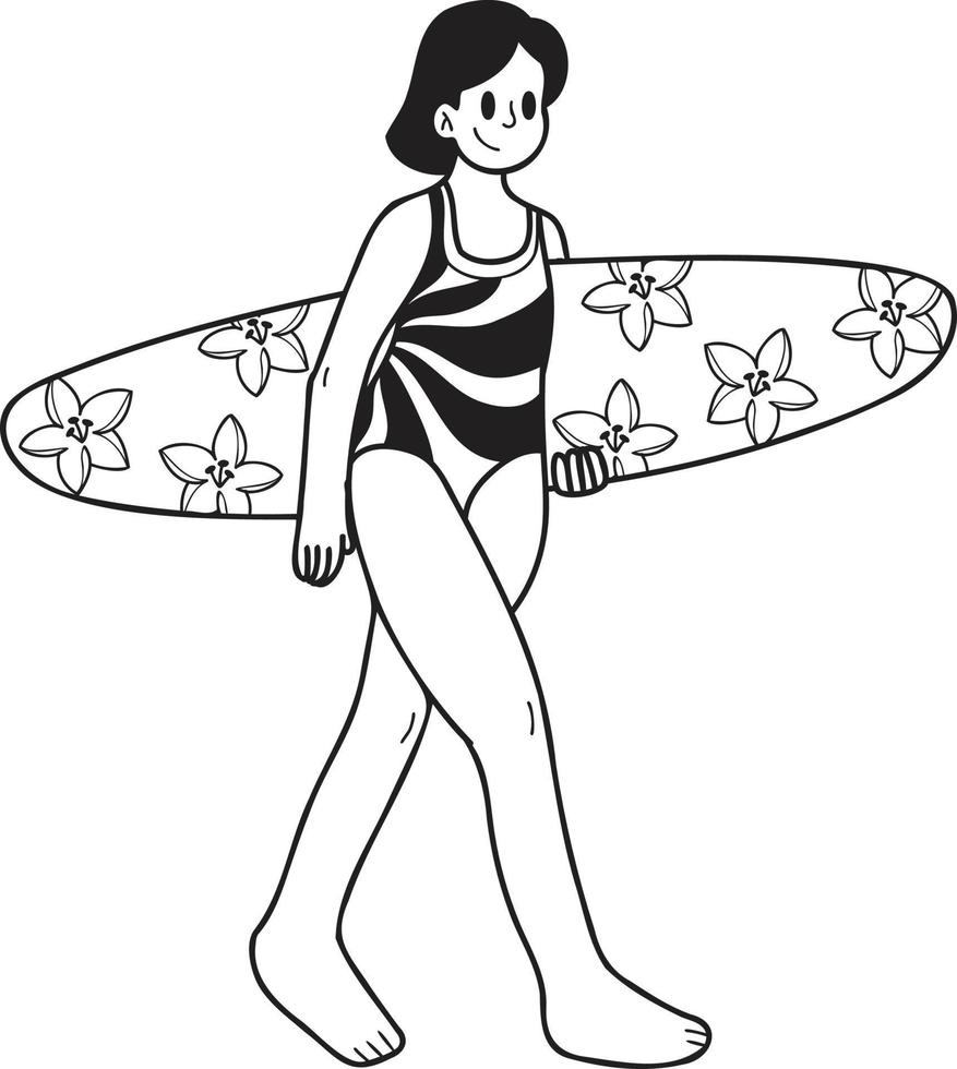 main tiré femelle touristique avec planche de surf illustration dans griffonnage style vecteur