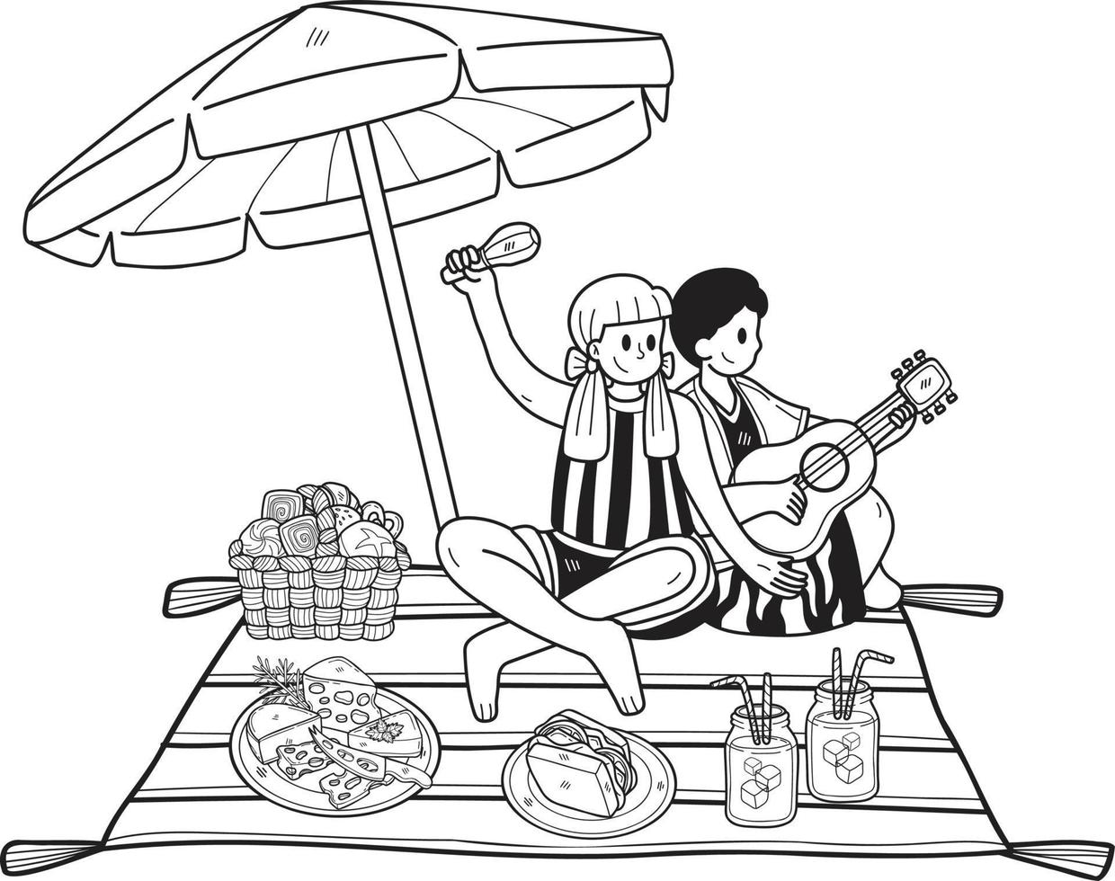 main tiré couple séance sur une pique-nique sur le plage illustration dans griffonnage style vecteur