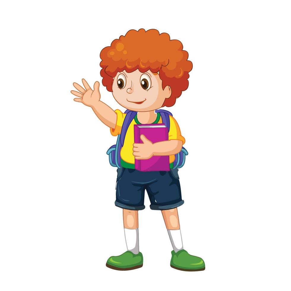 mignonne dessin animé garçon Aller à école avec sa sac à dos dans blanc Contexte vecteur illustration