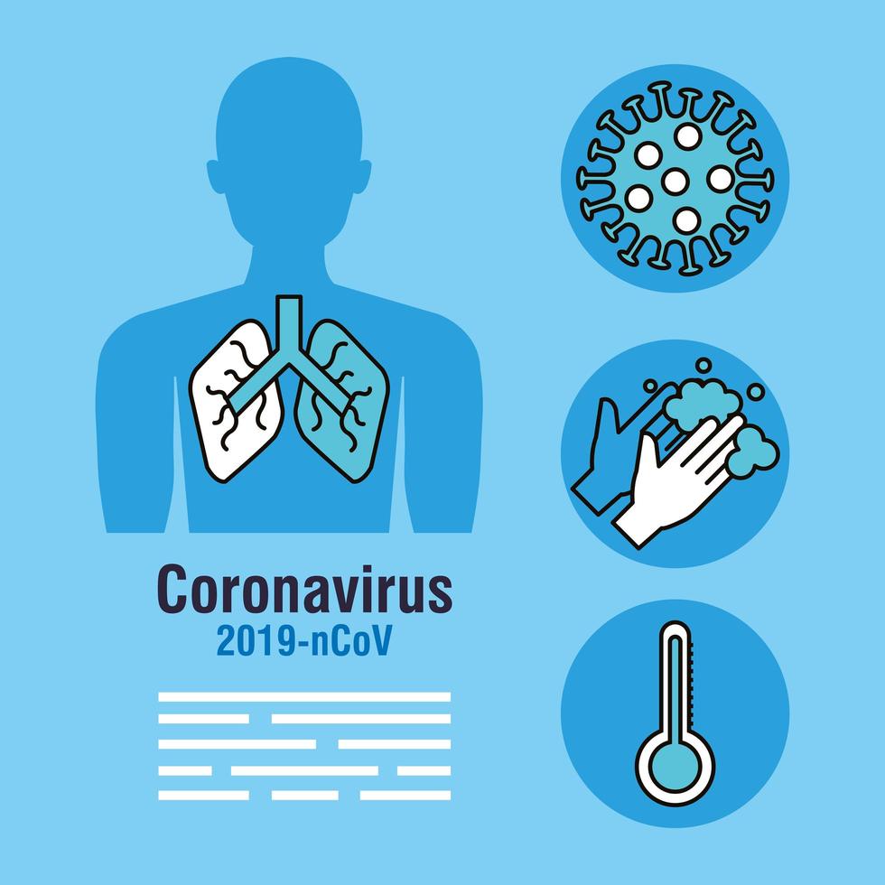 bannière de pandémie de coronavirus avec silhouette et icônes du corps vecteur