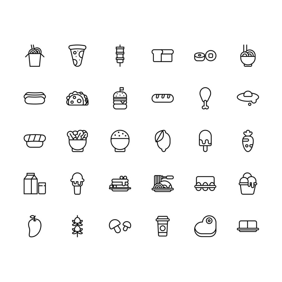 jeu d'icônes de nourriture. jeu d'icônes de contour de nourriture. icône pour site Web, application, impression, conception d'affiche, etc. vecteur