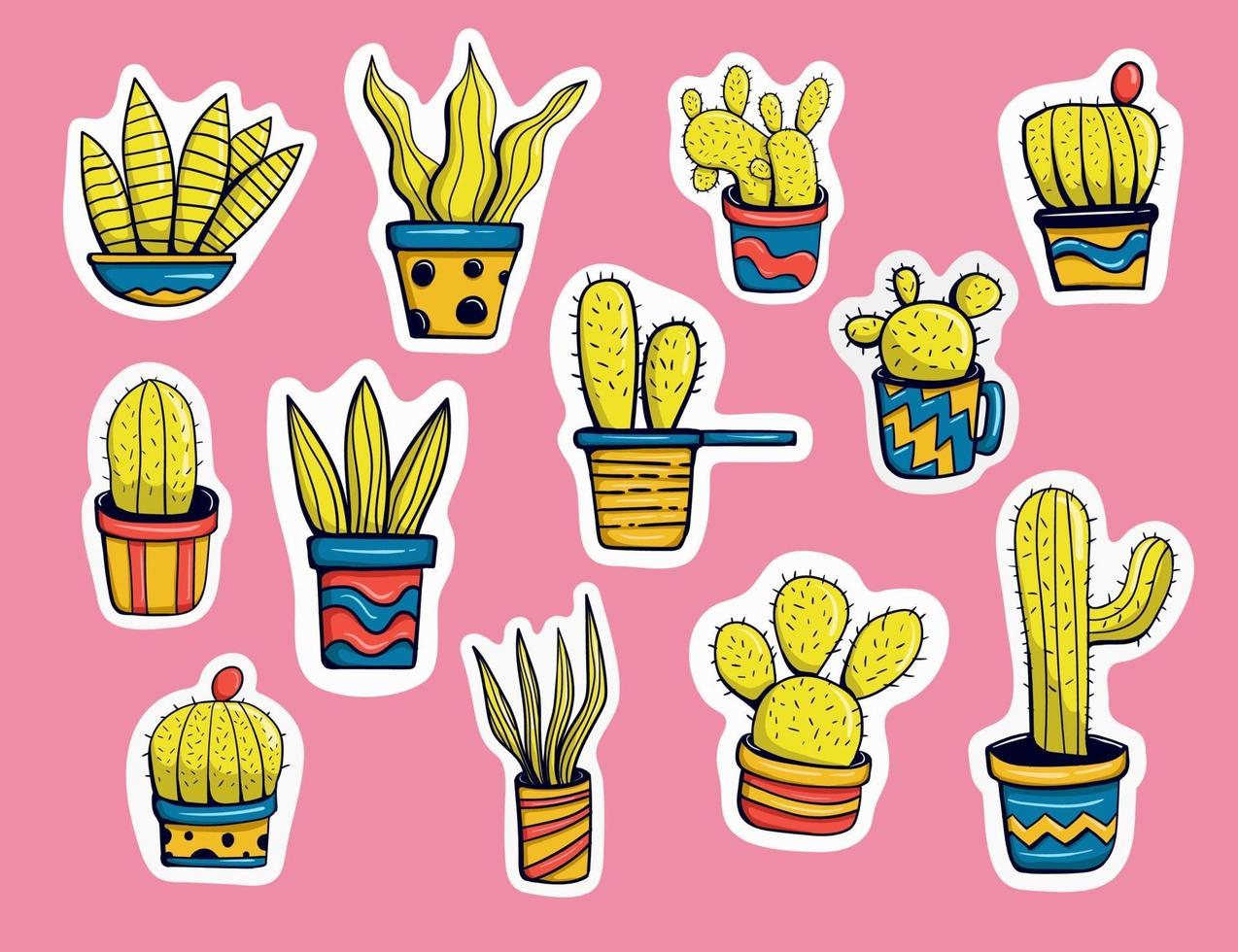 collection d'autocollants de cactus dessinés à la main vecteur