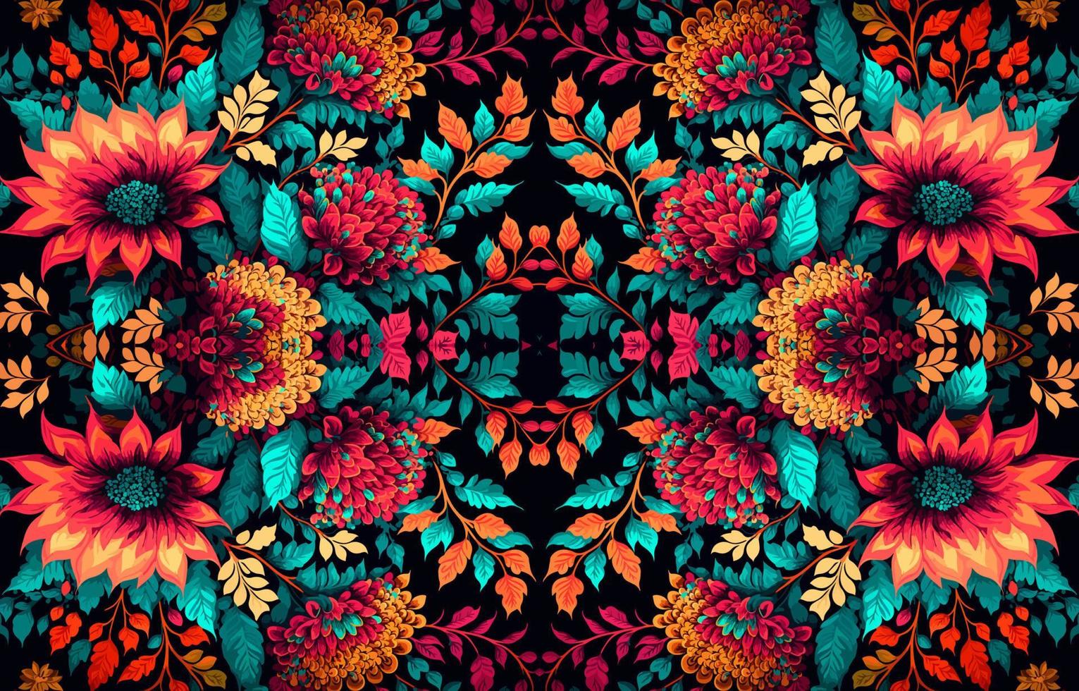 floral sans couture en tissu modèle sur noir Contexte. abstrait en tissu textile ligne graphique fleur épanouissement antique. ethnique coloré fleurs jardin vecteur fleuri élégant luxe ancien rétro style.