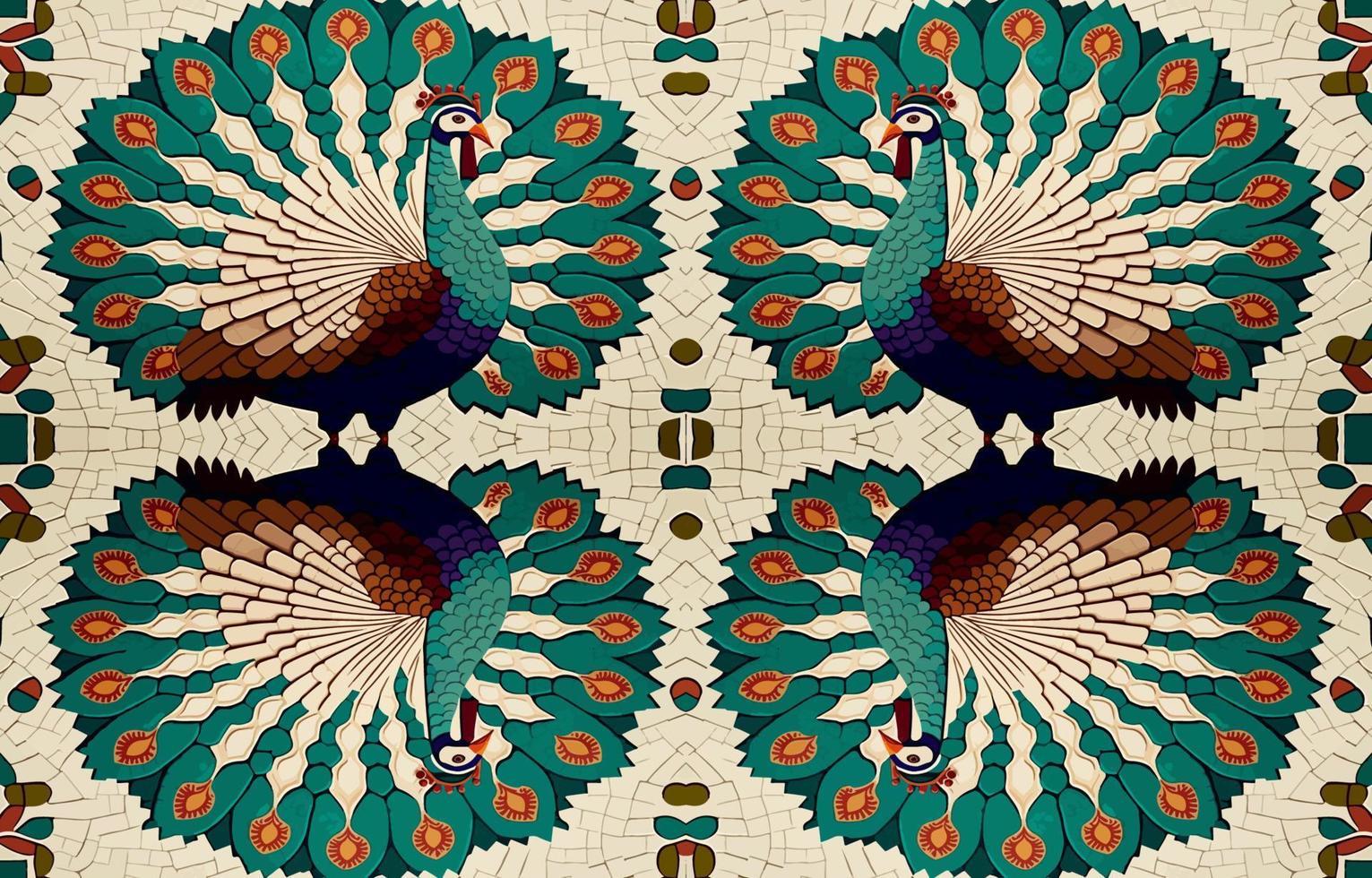 paon faisan dinde mosaïque modèle. abstrait populaire ethnique tribal géométrique graphique doubler. texture textile en tissu sans couture motifs vecteur illustration. fleuri élégant luxe ancien rétro style.