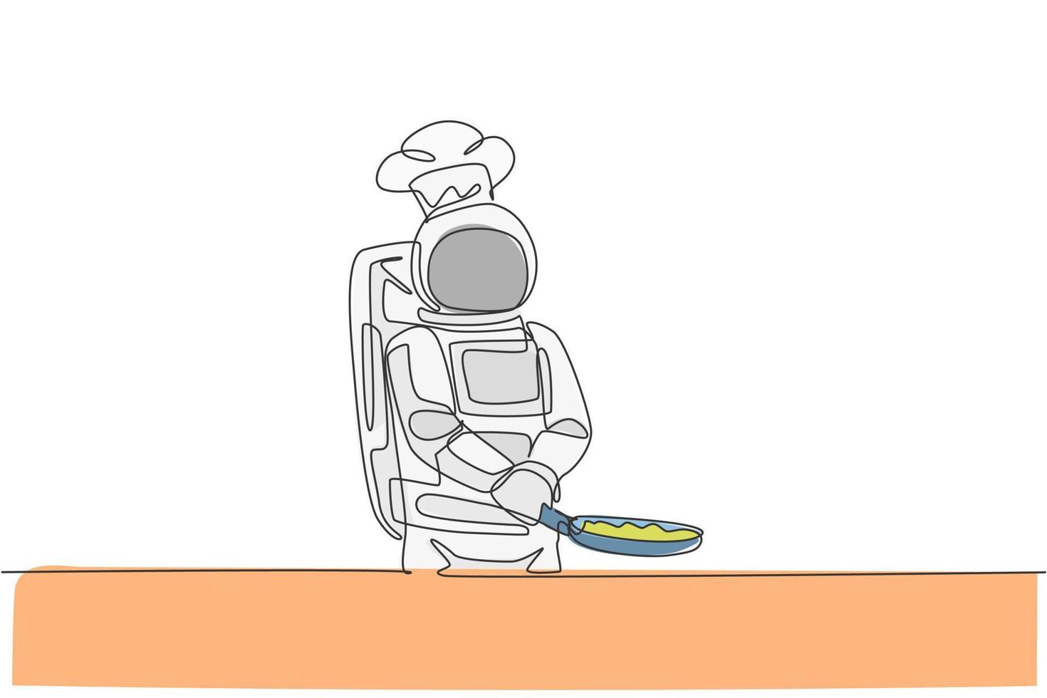 un chef astronaute de dessin au trait continu faisant frire un plat délicieux pour le dîner avec une poêle. menu de cuisine saine sur le concept de restaurant spatial. illustration vectorielle de dessin graphique à une seule ligne dynamique vecteur