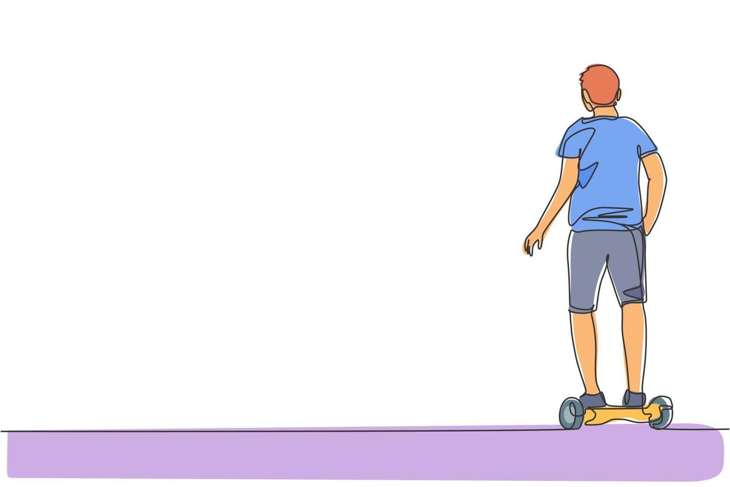 une ligne continue dessinant un jeune homme heureux se tient debout et fait du hoverboard dans un parc extérieur. transports verts. futur concept de mode de vie urbain. illustration graphique de vecteur de conception de dessin de ligne unique dynamique
