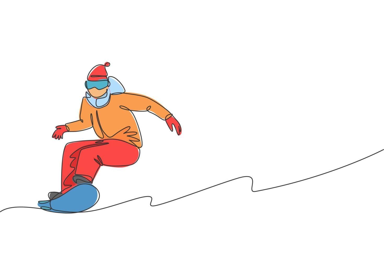 un seul dessin au trait jeune homme de snowboarder énergique monte un snowboard rapide à l'illustration vectorielle graphique de la montagne enneigée. concept de sport de style de vie de vacances touristiques. conception de dessin de ligne continue moderne vecteur