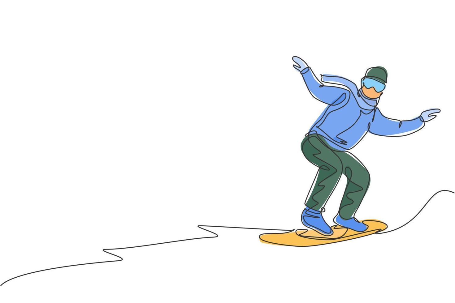 un seul dessin au trait jeune homme de snowboarder énergique monte un snowboard rapide à l'illustration vectorielle graphique de la montagne enneigée. concept de sport de style de vie de vacances touristiques. conception de dessin de ligne continue moderne vecteur