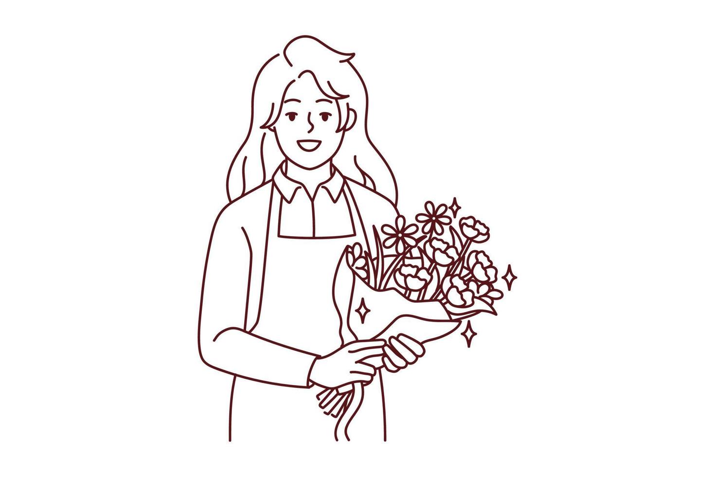 portrait de souriant femelle fleuriste dans tablier en portant magnifique floral bouquet. content femme avec fleurs dans mains travail dans botanique magasin. vecteur illustration.