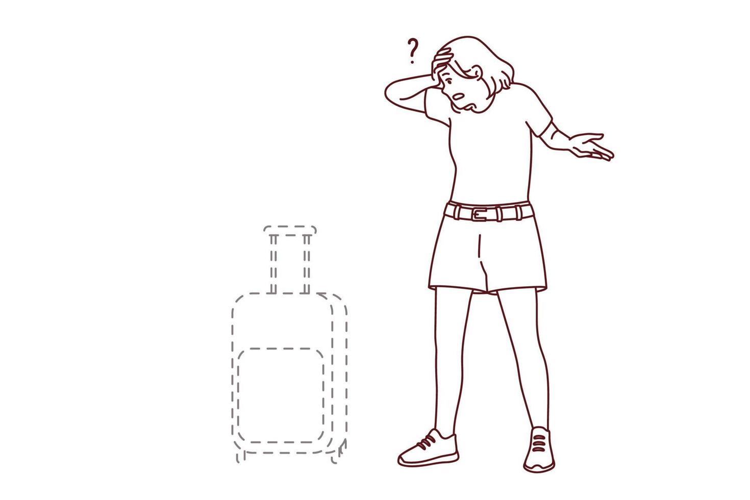 stressé Jeune femme frustré avec bagages perte dans aéroport. malheureux affligé femelle confus avec perdu valise. vecteur illustration.