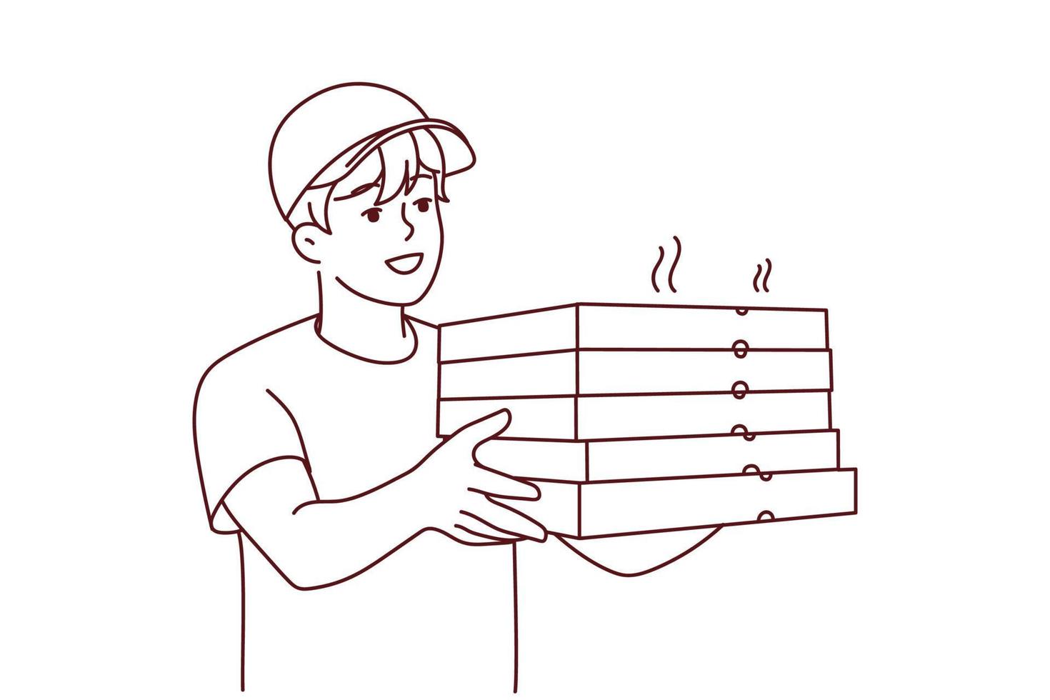 souriant Masculin courrier dans uniforme livrer chaud Pizza à client. content livreur avec Pizza des boites dans mains. nourriture livraison service. vecteur illustration.