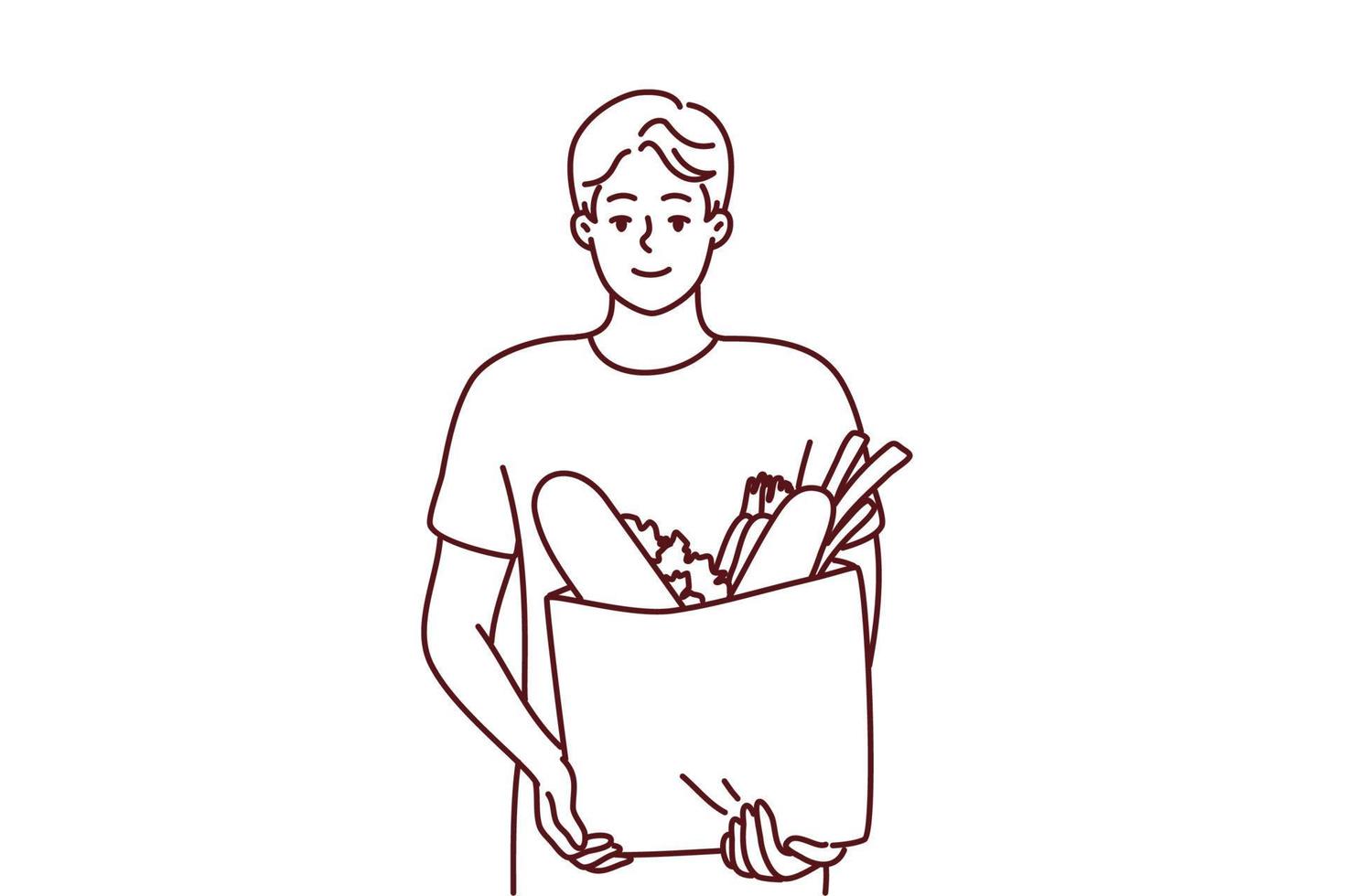 portrait de souriant Jeune homme avec sac avec épiceries. content gars en portant paquet avec des biens et des produits. achats et nutrition. vecteur illustration.