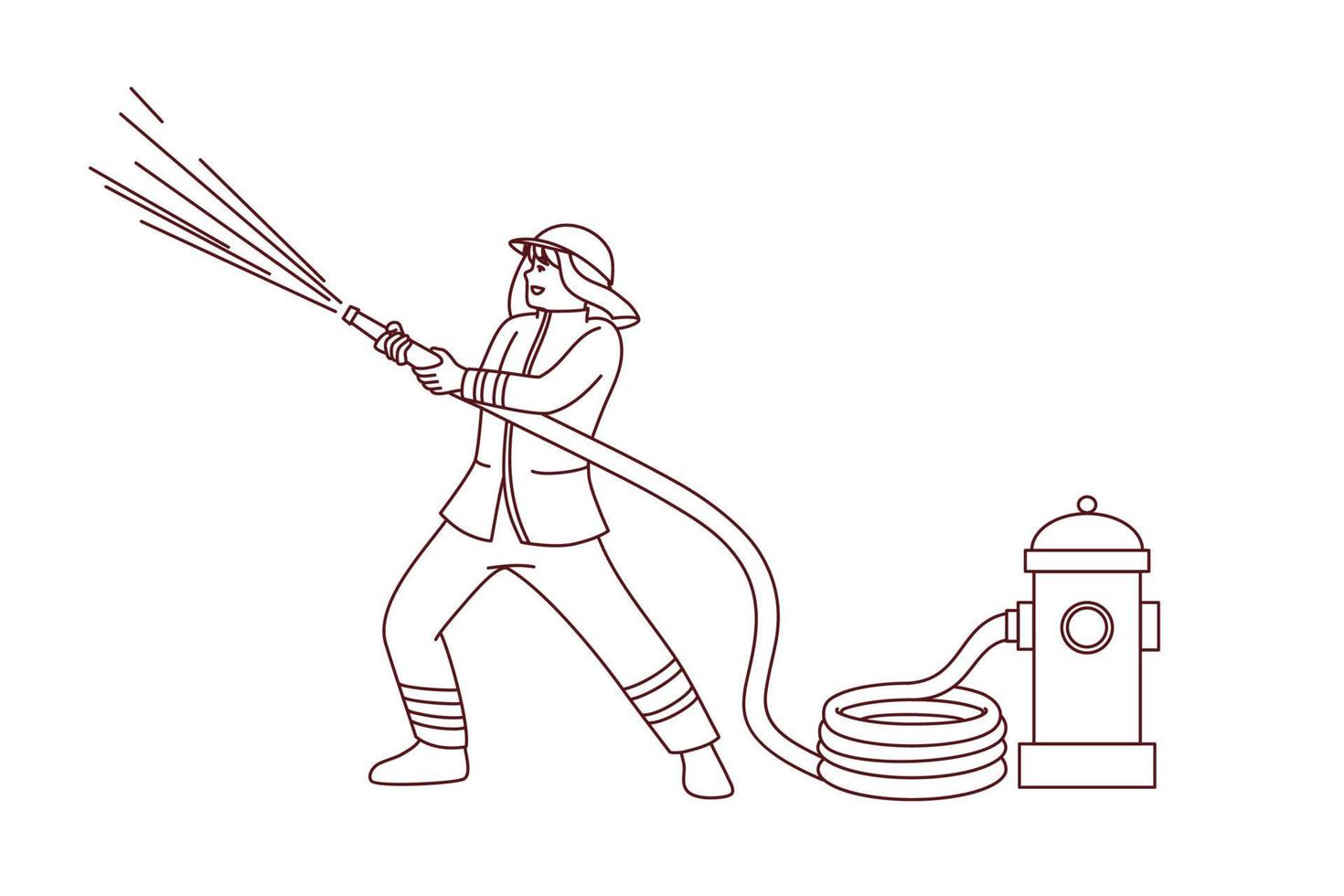 Masculin pompier avec tuyau verser l'eau sur brûlant bâtiment ou maison. homme Feu combattant dans uniforme travail sur urgence placer. lutte contre les incendies concept. vecteur illustration.