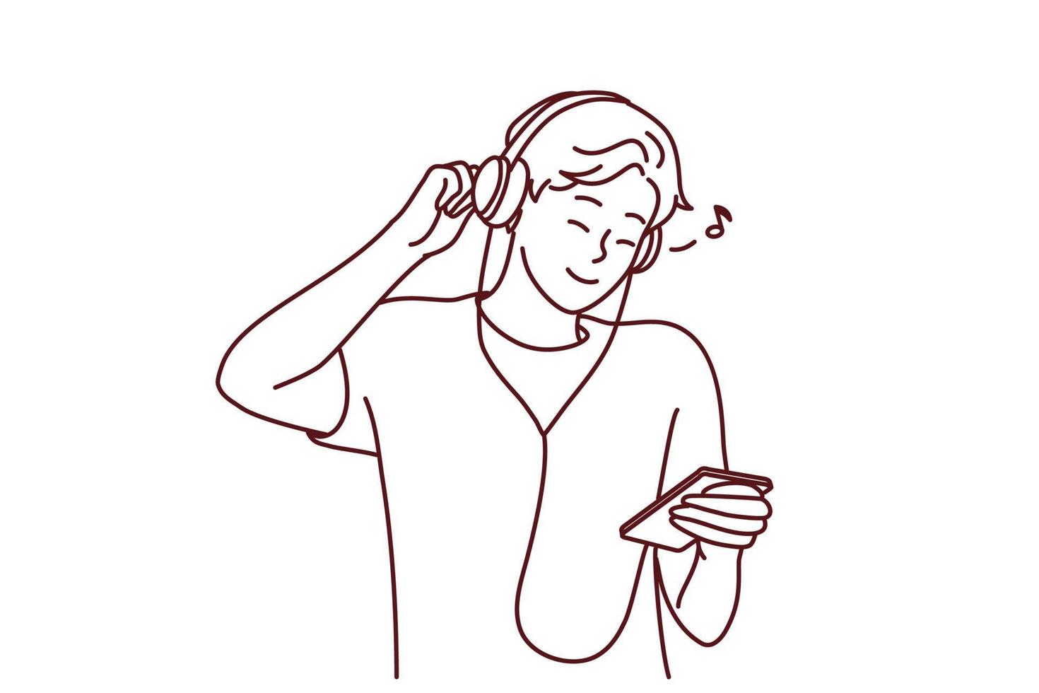 souriant Jeune homme dans écouteurs Ecoutez à la musique sur téléphone portable. content millénaire gars dans écouteurs prendre plaisir bien qualité du son sur téléphone intelligent. vecteur illustration.