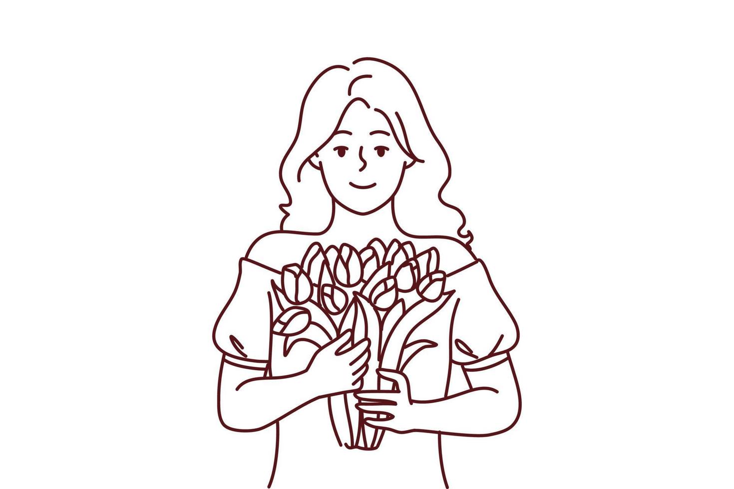portrait de souriant femme en portant fleurs dans mains. content fille avec bouquet sentiment content célébrer anniversaire anniversaire. vecteur illustration.