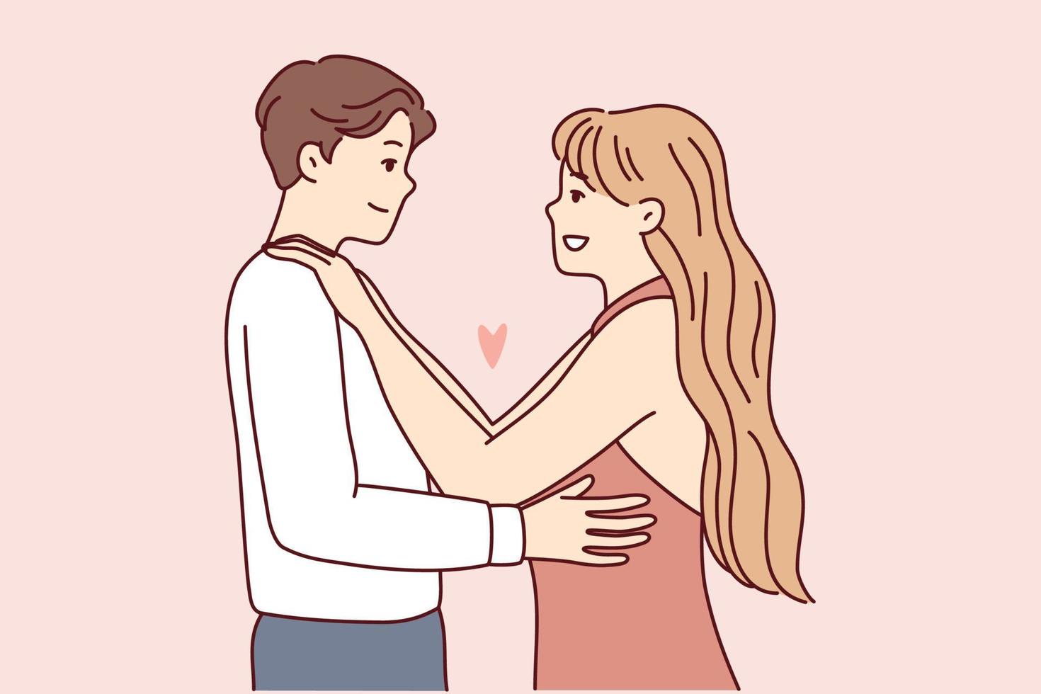 content couple dans l'amour étreindre prendre plaisir romantique Date ensemble. souriant homme et femme embrassement montrant affection et se soucier. relation concept. vecteur illustration.