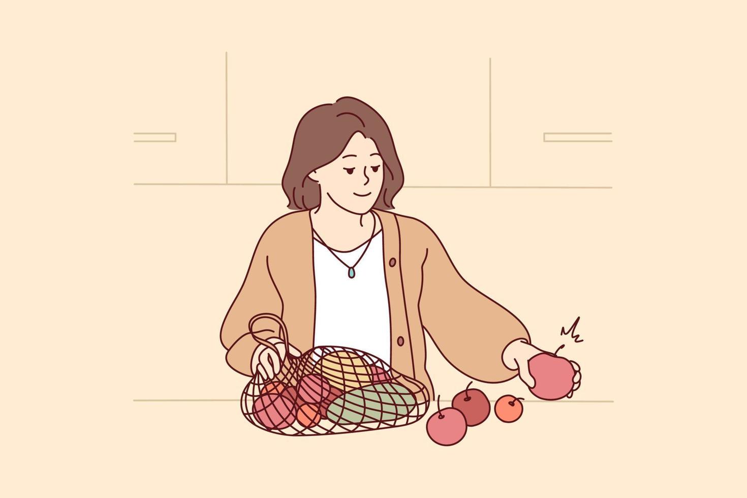 femme déballage sac avec Frais des fruits et des légumes. souriant femelle achats pour biologique des produits suivre en bonne santé nutrition régime. vecteur illustration.