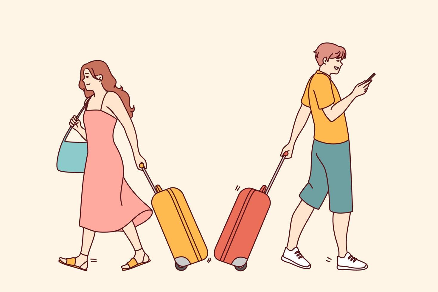 gens avec les valises prêt à Voyage dans aéroport. souriant touristique avec bagages avant vacances. tourisme et vacances. vecteur illustration.