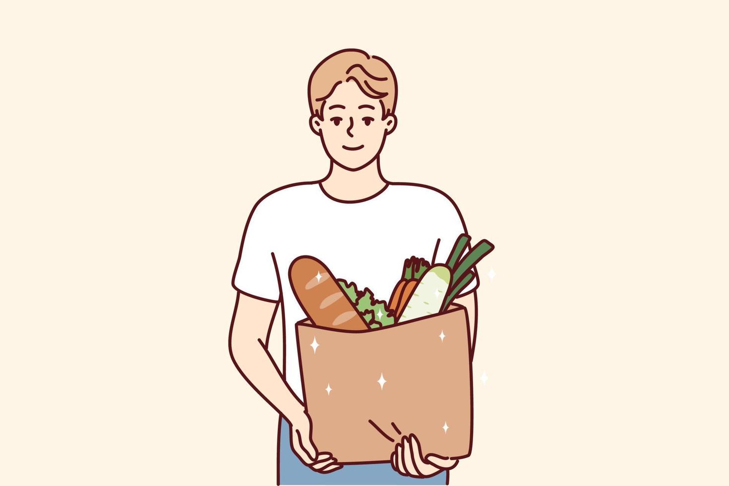 portrait de souriant Jeune homme avec sac avec épiceries. content gars en portant paquet avec des biens et des produits. achats et nutrition. vecteur illustration.