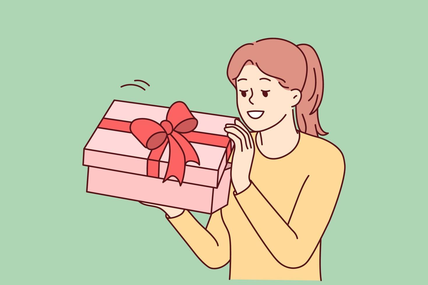 excité Jeune femme ouvert enveloppé présent célébrer anniversaire. souriant fille déballer cadeau boîte avec arc. fête et faire la fête. vecteur illustration.