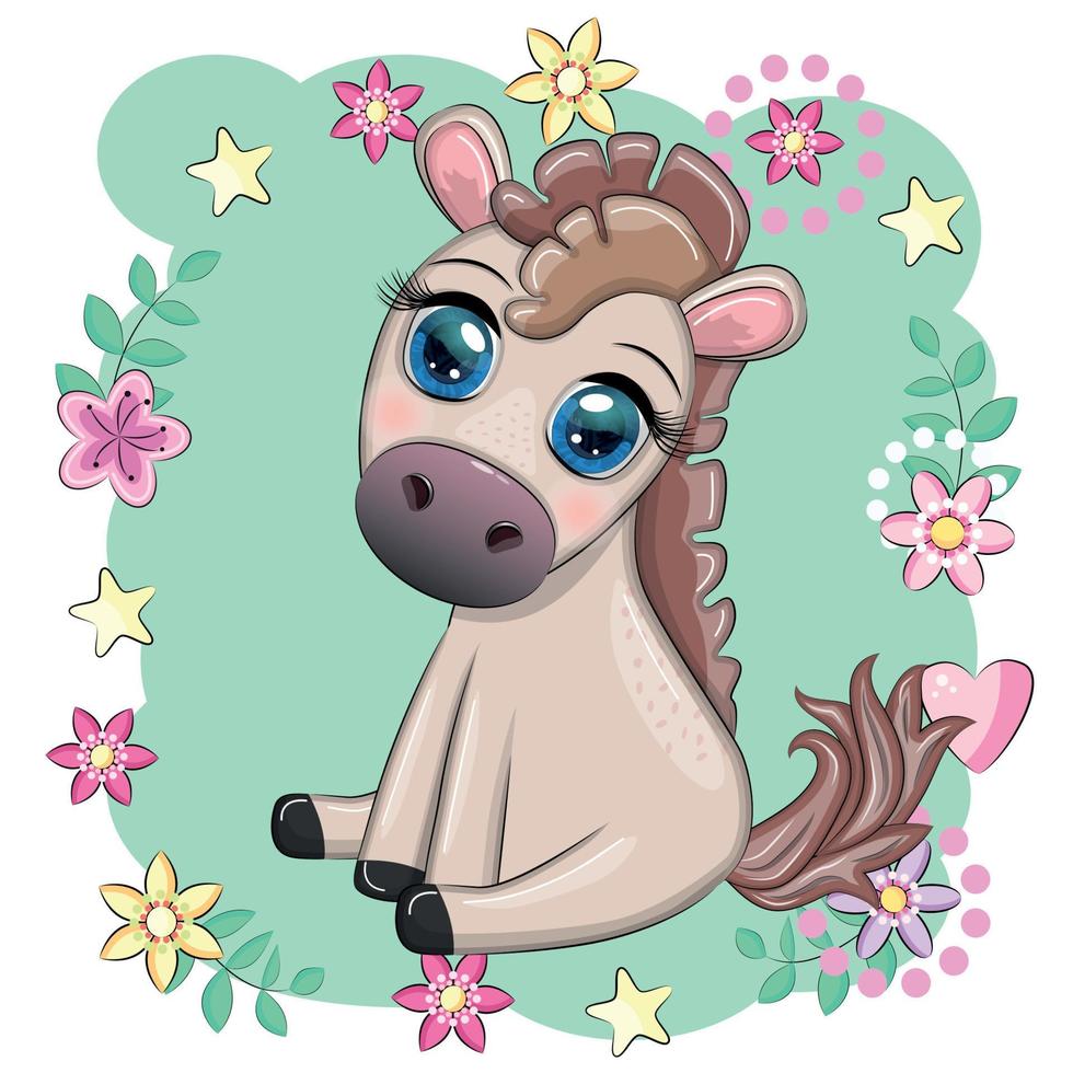 cheval de dessin animé mignon, poney pour carte avec fleurs, ballons, coeur vecteur