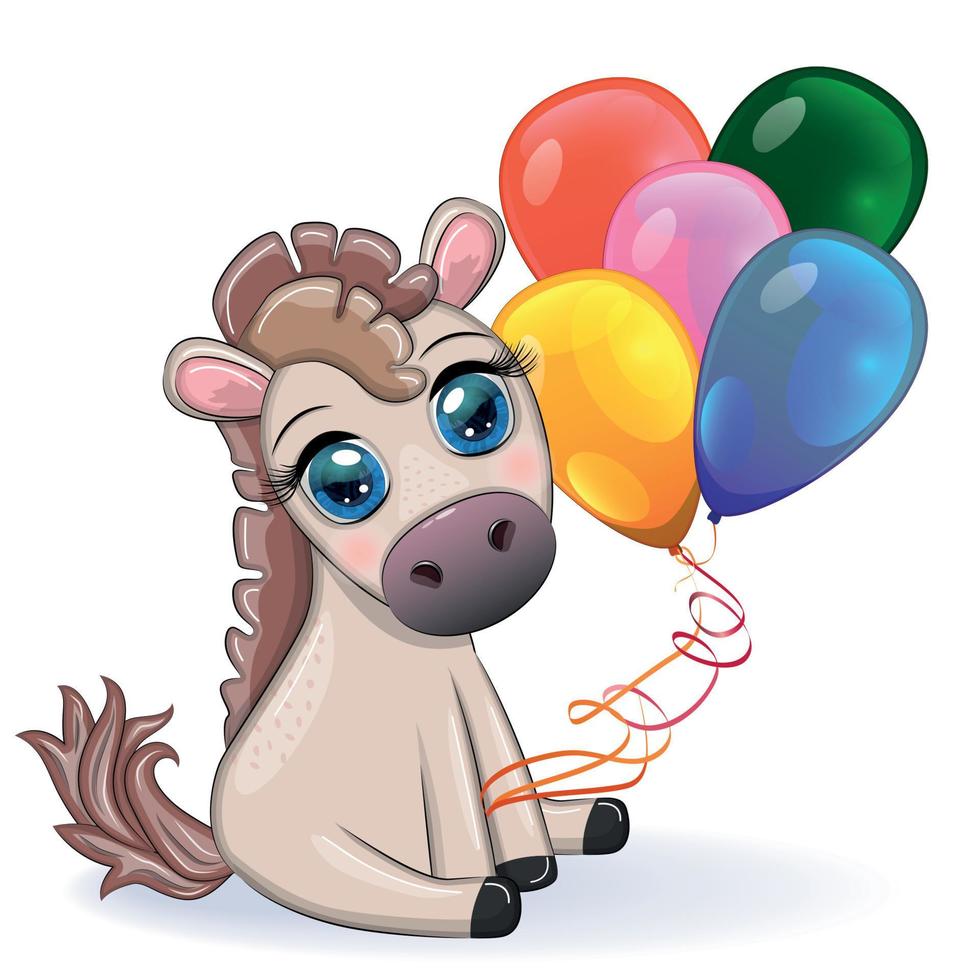 cheval de dessin animé mignon, poney pour carte avec fleurs, ballons, coeur vecteur